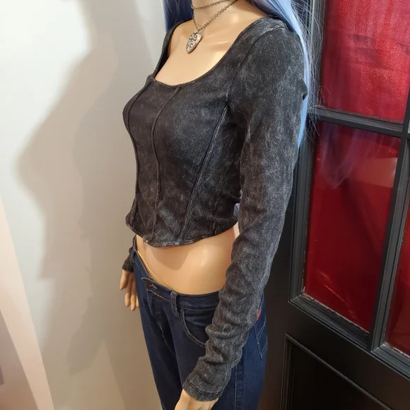 Divided Dark Faded Corset Front Long Sleeve Top No Wire - Picture 4 of 7